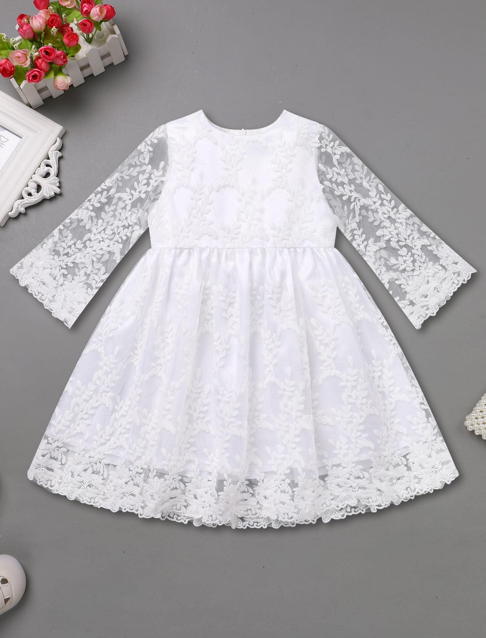 FYMNSI Baby Christening Dress White Baptism Gowns for Girl Infant Lace Long Sleeve Tulle Outfits 9-12 Months