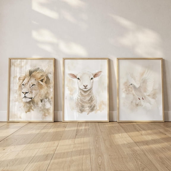 Lion Lamb and Dove Christian Wall Art Decor Set 3 Unframed Paper Print 8x12