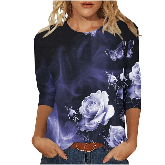 COM1950s Blouses pour Femmes, T-Shirts pour Femmes, T-Shirt à Imprimés Mode pour Femmes Manches 3/4 Blouse Col Rond Décontracté, Blouse pour Femmes, Blouses pour Femmes Manches 3/4, Blouses à Manches 3/4 pour Femmes