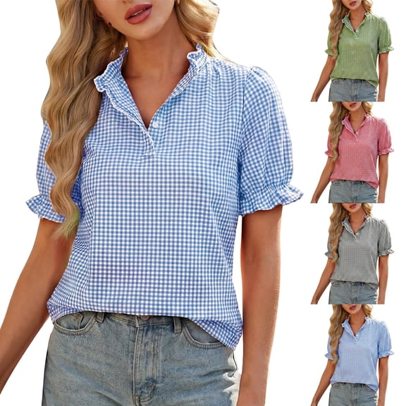 Women's Plaid Puff Sleeve Summer Top | V Neck Button Up Shirt Blouse for Work Casual