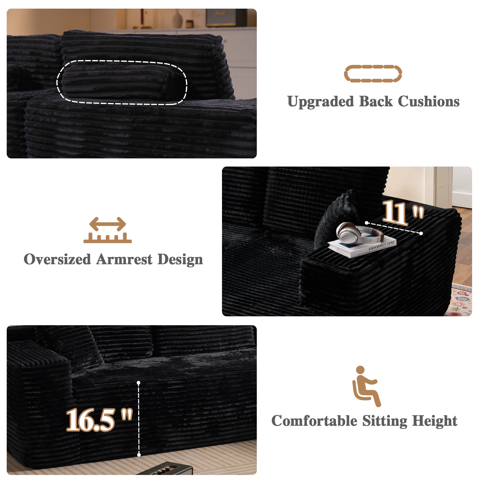 Ovios 106" Cloud Sofa Couch No Assembly Boneless Deep Seat Sofa for Living Room, Black(Plush Corduroy)