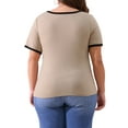 thumbnail image 3 of Plus Size Top for Women Square Neck Short Sleeve t Shirt Ribbed Color Block Slim Fit Knit Basic Tee Tops 3X Light Camel, 3 of 6