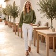 thumbnail image 6 of Szluipve 2 Piece Sets for Women Velour 2 Piece Tracksuit Half Zip Stand Collar Long Sleeve Top Elastic Waist Wide Leg Pants Casual Velvet Loungewear Outfit Army Green M, 6 of 8