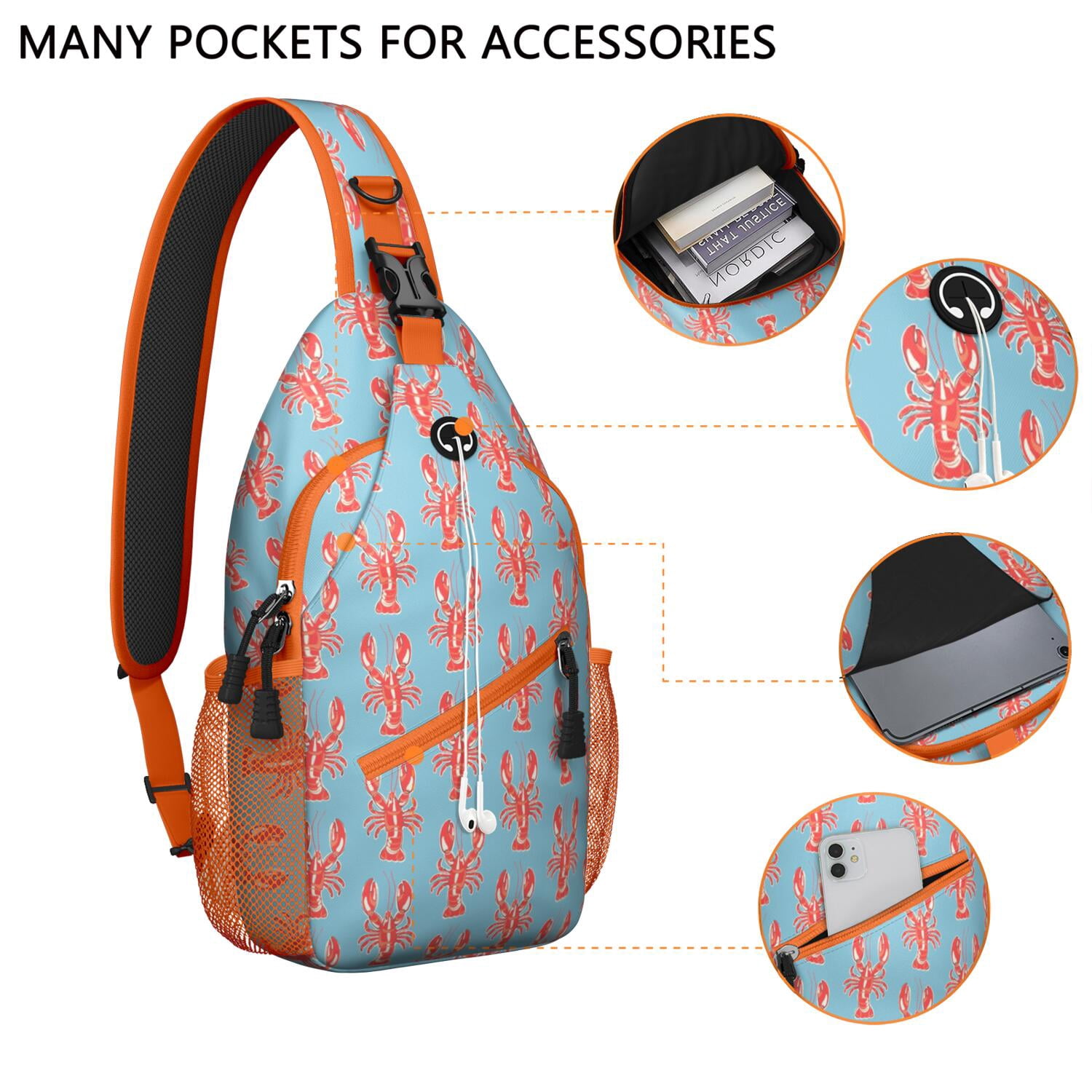 Seafood & Starfish Crossbody Bag - Vintage Coastal Shoulder Backpack for Travel - Durable & Comfortable Daypack for Commuting, Hiking & Urban Use