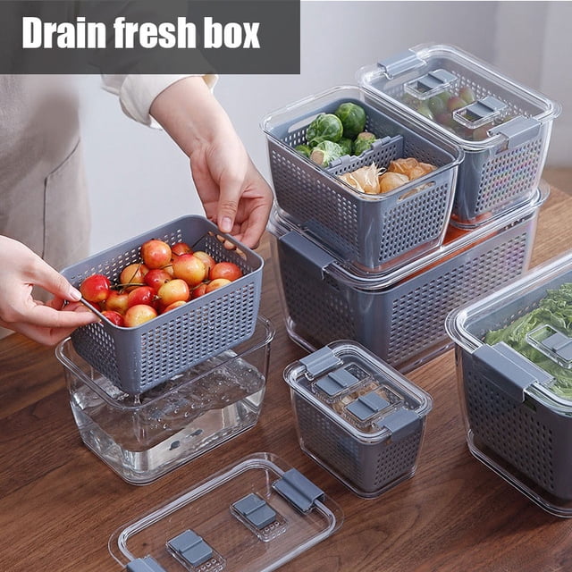 Kitchen Plastic Storage Box Fresh-Keeping Box Refrigerator Fruit Vegetable Drain Crisper Kitchen Storage Containers New