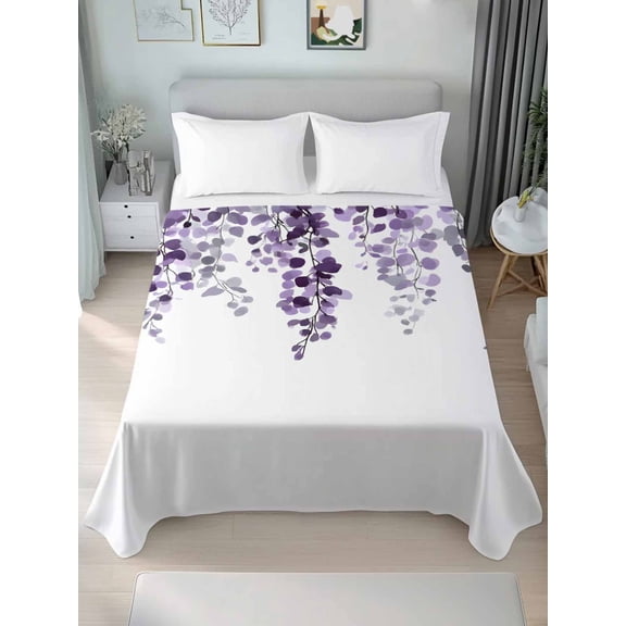 Purple Eucalyptus Leaves King Size Flat Sheet, Wrinkleproof & Fadeproof Cooling Flat Bed Sheet Only, Watercolor Botanical Summer Breathable Soft Bedding Top Sheets 105 x 98 Inches