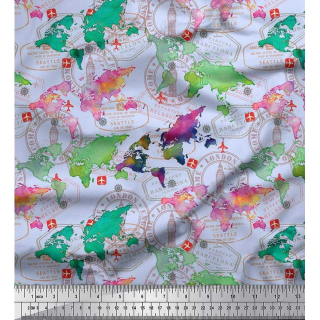 Soimoi Blue polyester Crepe Fabric Stamp & World Map Print Fabric by the Yard 42 Inch Wide