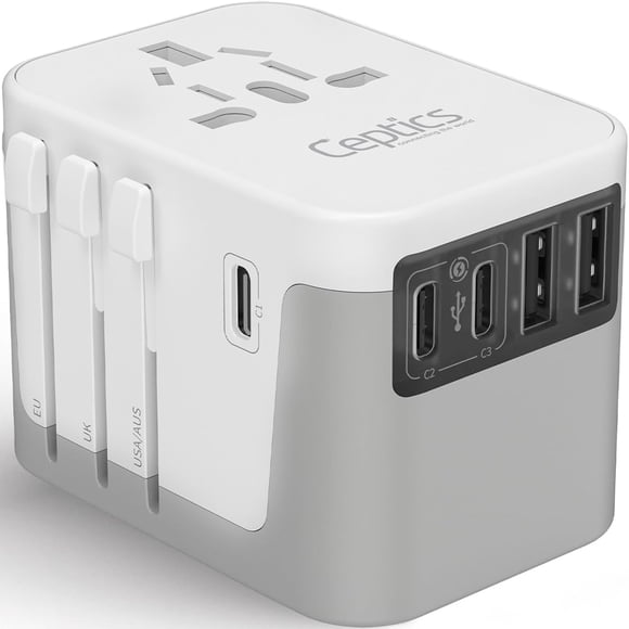 Adaptador de viaje Ceptics, enchufe universal 6 en 1 con 2 USB-A y 3 USB-C