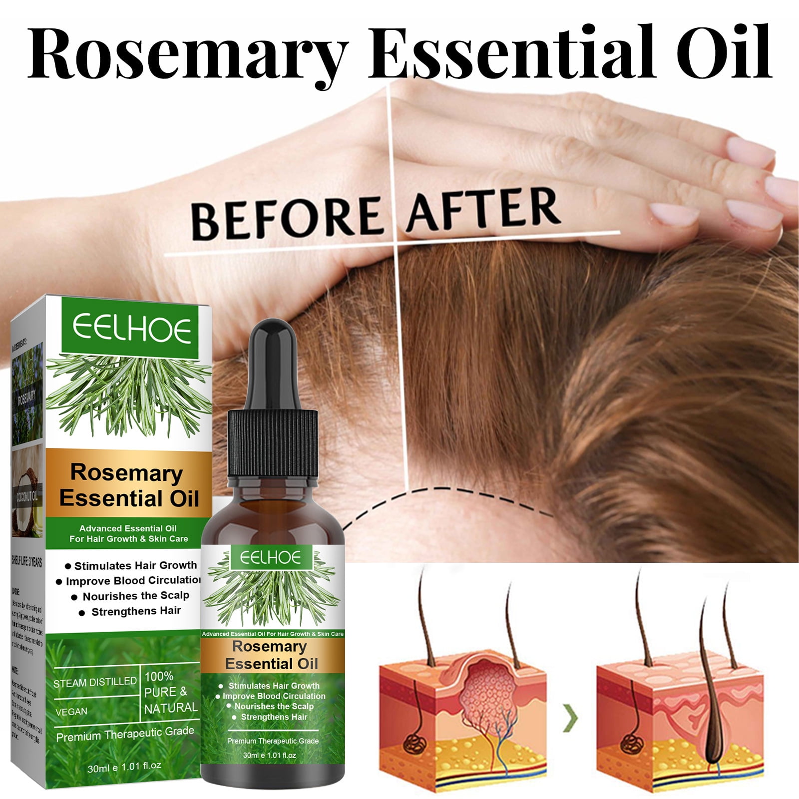 2 Pack Rosemary Oil for Hair Growth & Skin Care,Organic Rosemary Essential  Oils, Natural Rosemary Oil for Hair Loss Treatment, Stimulates Hair Growth,  Scalp Massager 