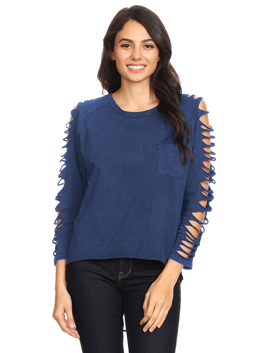 Hollow Hem Ripped Slits Sleeves 