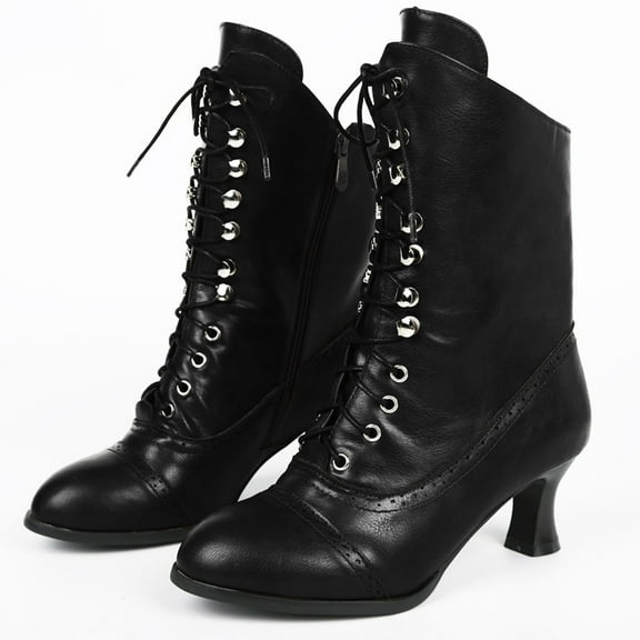 Willtoo Women's Victorian Ankle Boots - Mid Calf, Round Toe, Black Boots with Chunky Heel & Lace Up Detail Black 6