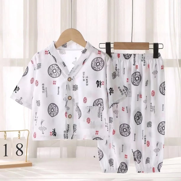 Conjunto de pijamas de seda para niños, traje de aire acondicionado de algodón Artificial de verano, ropa de hogar de seda de algodón para niños, conjunto de dos piezas para niños Cl