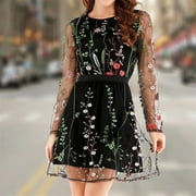 lystmrge Wedding Guest Dresses for Women Midi Women's Fashion Floral Embroidered Party Dress Lace Mesh Double Layer Mini Dress