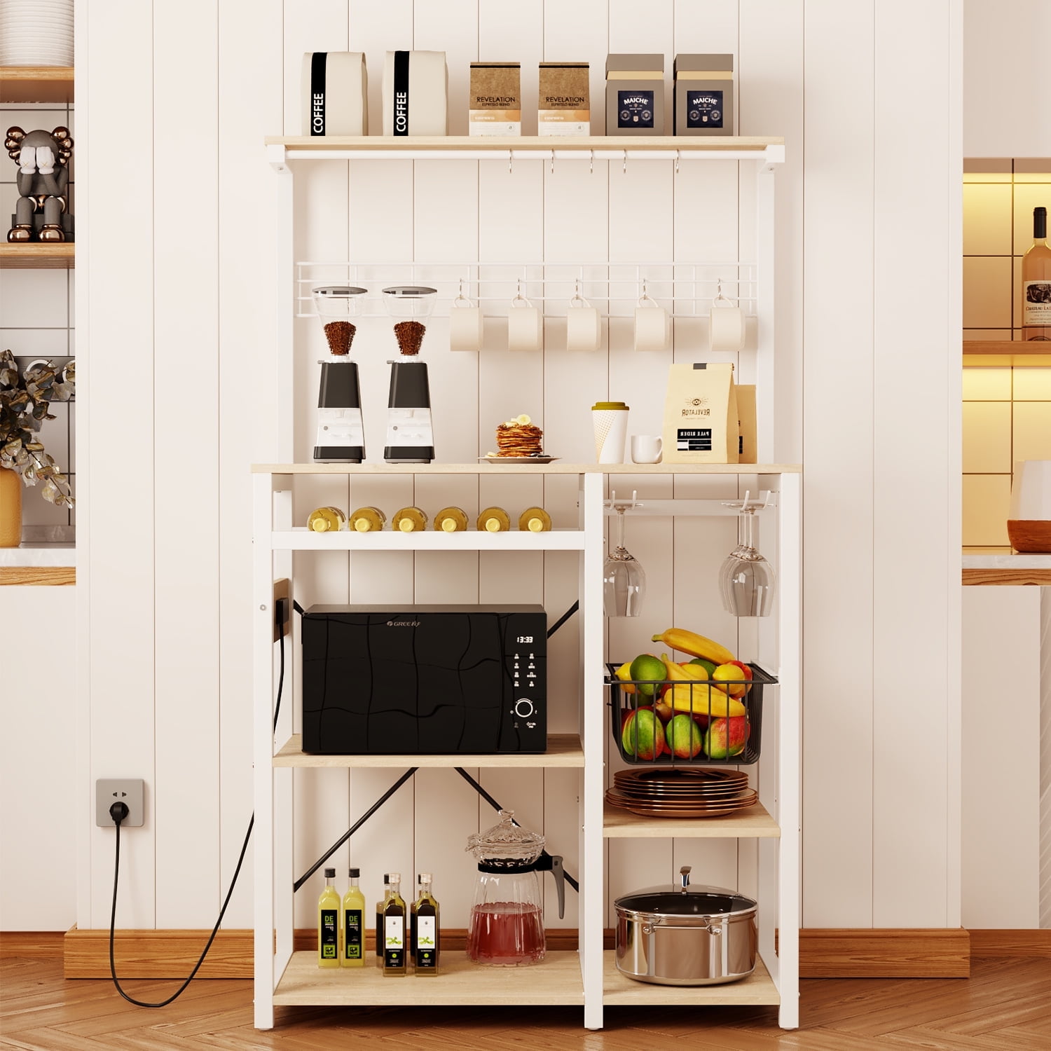 Pantry Cart Microwave Stand with Storage, Behost 60"Coffee Bar Station Kitchen Island Baker Rack for Kitchen,White