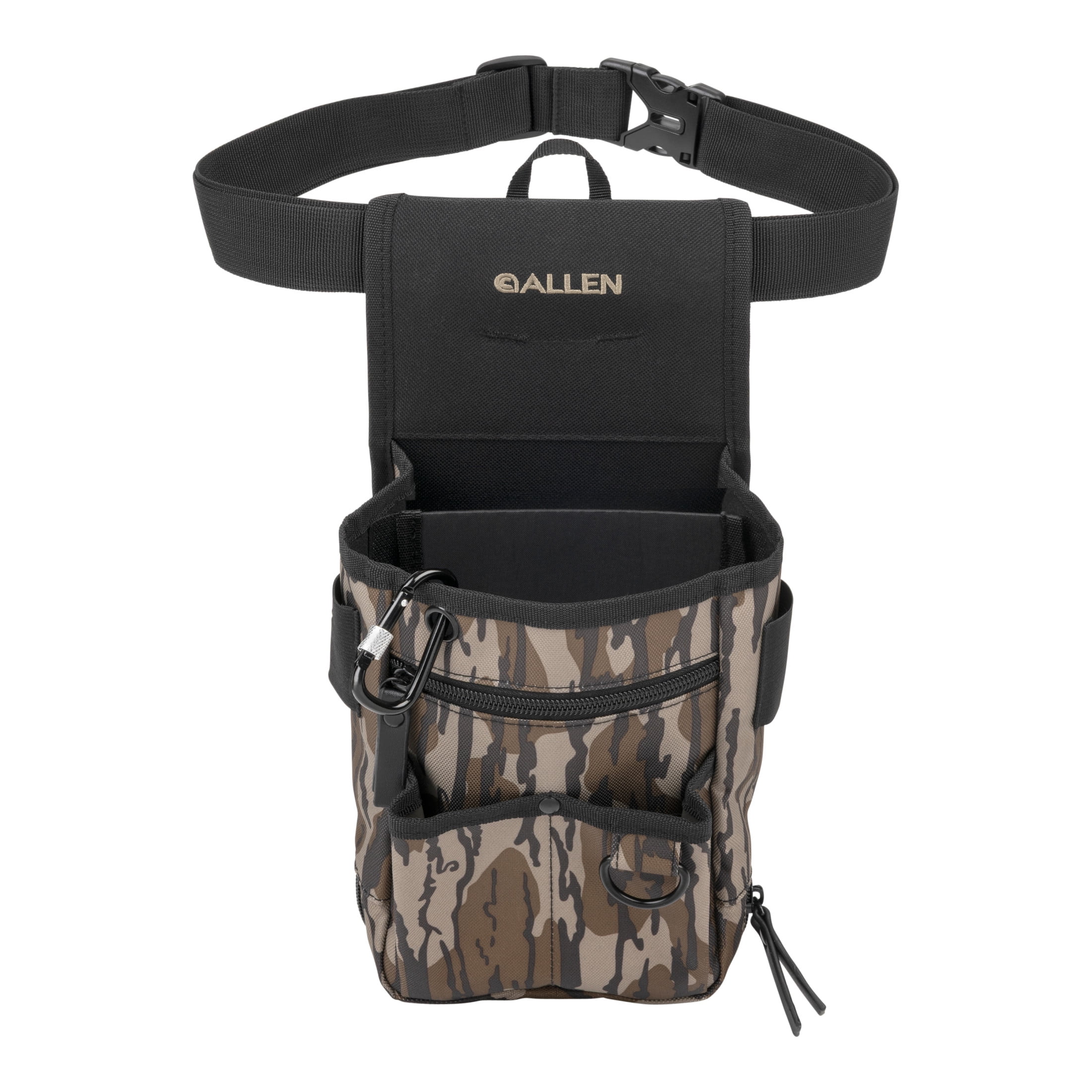Allen Company Triumph Double Compartment Range Shell Bag  - Adjustable Belt + Endura Fabric + Clay/Trap/Skeet Shooting Storage – Black/Mossy Oak Bottomland