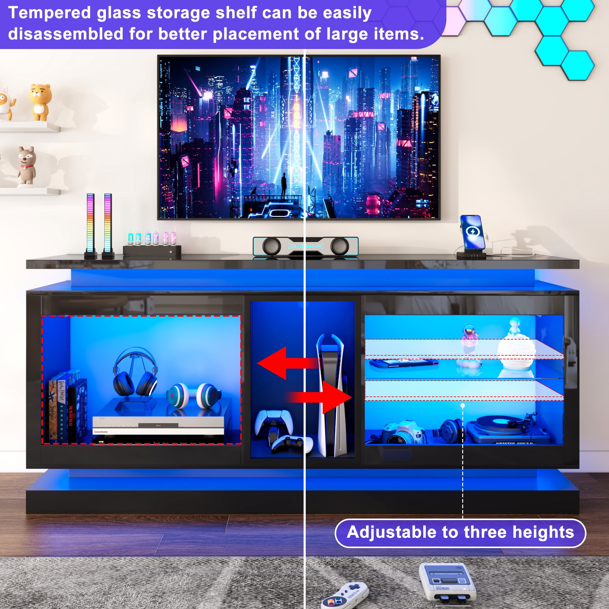 ChVans LED TV Stand for 70/75/80 Inch TVs, Modern Entertainment Center High Gloss Large TV Stand with Adjustable Shelves, Gaming TV Console with Power Outlets, Black