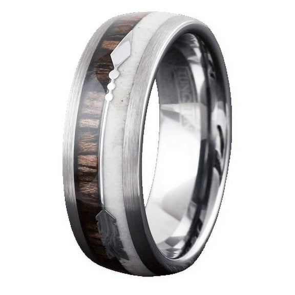 Tungsten Rings for Men Wedding Bands for Him 8mm Silver Deer Antler Wood & Arrow