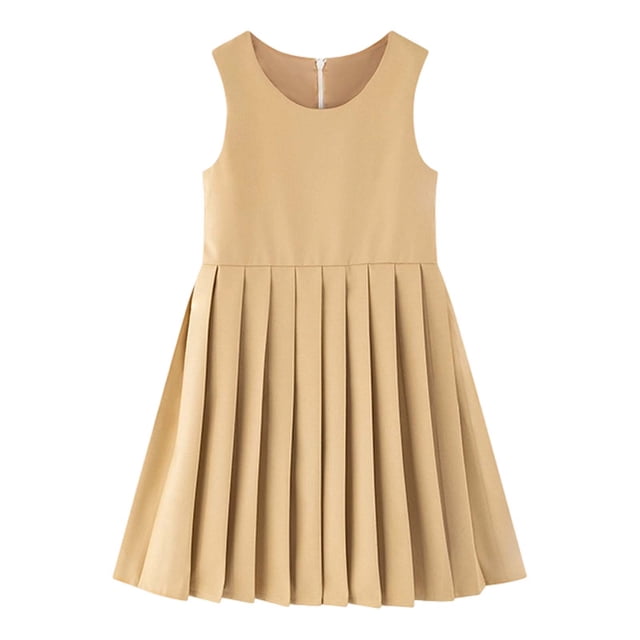 FYDUU Robe d'Uniforme Scolaire Sans Manches pour Filles Robe Décontractée pour Enfants Usage Quotidien Printemps Été Robes Ligne A Plissée Robe d'Été Vacances