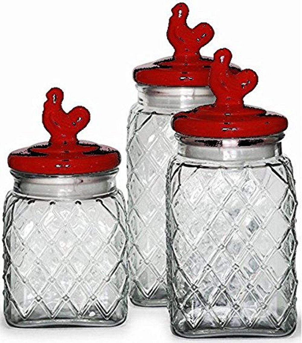 Palais Glassware Preserving Glass Canister Food Jar with Ceramic Lid Handle (Set of 3, Diamond Pattern Glass with Red Rooster Lid)