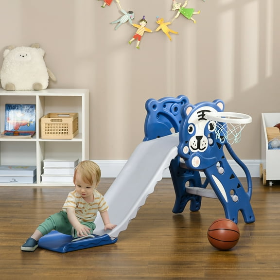 Qaba 2 in 1 Toddler Slide for Indoors with Basketball Hoop, Blue