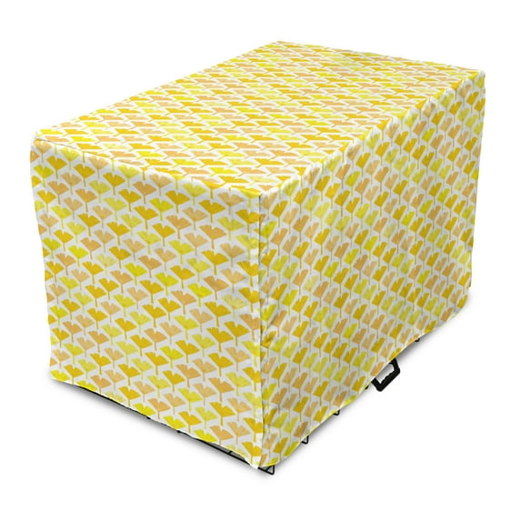 Yellow and White Dog Crate Cover, Monochrome Interpretation of Ginkgo Nut Leaves, Easy to Use Pet Kennel Cover Small Dogs Puppies Kittens, 7 Sizes, Dark Yellow Pastel Yellow, by Ambesonne