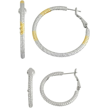 X & O Two-Tone and Silver-Tone Textured Hoop Earring Set, Sizes 40mm and 30mm, 2 Pairs
