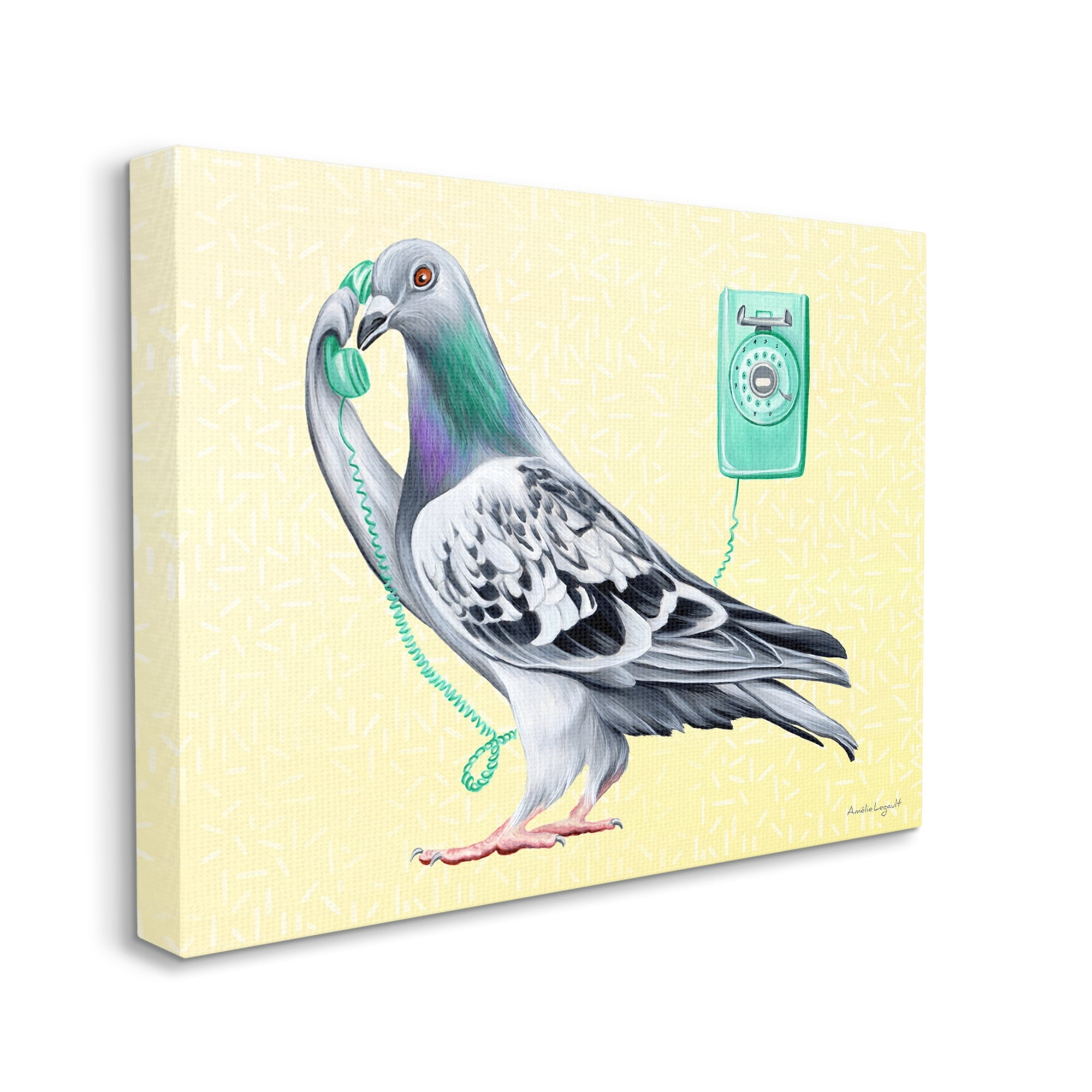 Stupell Industries Pastel Pigeon Vintage Phone Call Yellow Background Graphic Art Gallery Wrapped Canvas Print Wall Art, Design by Amelie Legault