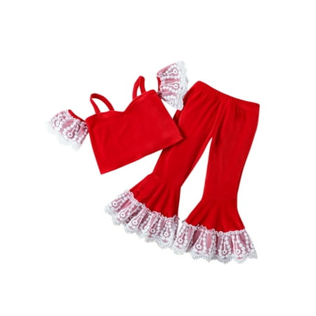 

Sunisery Kids Toddler Baby Girls Autumn 2Pcs Santa Outfit Sets Short Sleeve Off Shoulder Tops Flared Pants