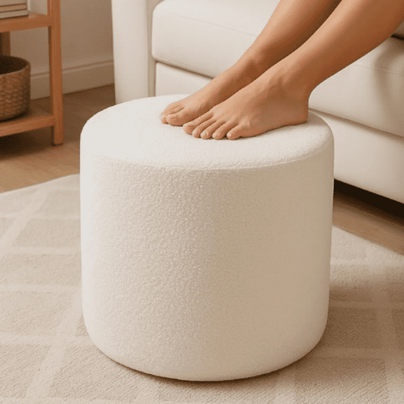 Round Pouf Ottoman and Foot Rest, Soft Boucle Footstool Ottomans for Living Room, Comfort Sponge Stuffed Poofs for Couch Desk Resting Your Feet, White(17.1" D x 17.1" W x 14" H)