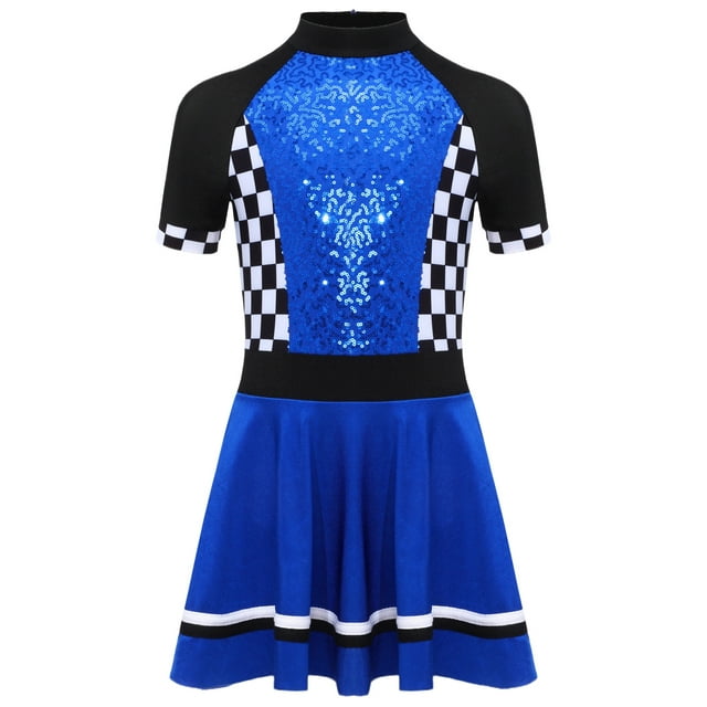 Yartina Robe de Pilote de Course pour Filles, Fermeture Éclair, Paillettes à Damier, Robe pour Fête à Thème d'Halloween, Bleu Royal, 10