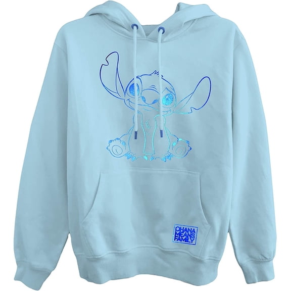 Disney Women's Lilo and Stitch Sweatshirt, Printed Foil Ohana Stitch Hoodie Light Blue - 2XL