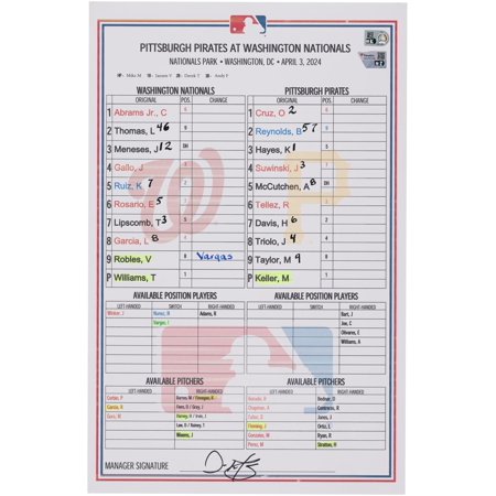 Washington Nationals Game-Used Lineup Card vs. Pittsburgh Pirates on April 3, 2024 - Fanatics Authentic Certified