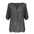 thumbnail image 2 of yunLCZ Women Shirts Women's Spring New Women's Clothing Casual Loose Fashion Mid Sleeve Cotton Linen Solid Color Door Bottle V Neck Shirt Mid Sleeve T Shirt, 2 of 4