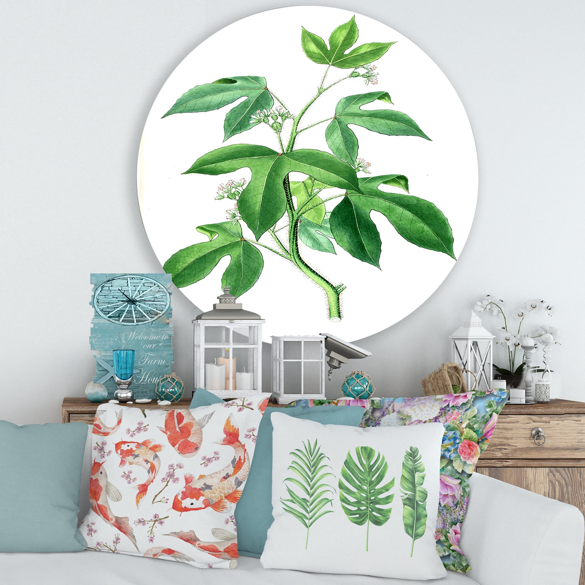 Designart 'Ancient Green Leaves Plants V' Traditional Circle Metal Wall Art 29x29 - Disc of 29