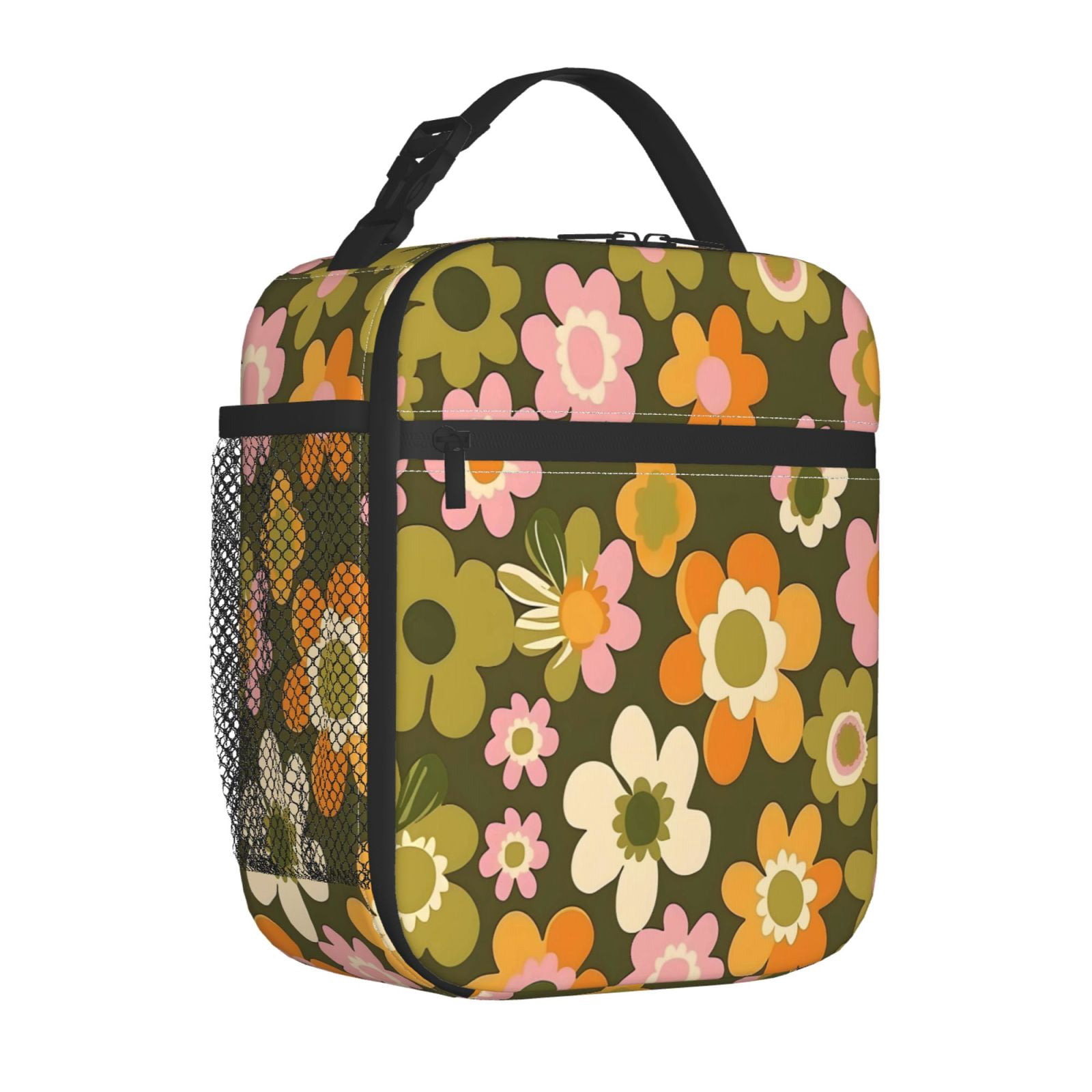 Lunch Bag For Women Men Insulated Portable Lunch Box Bento Box Office Picnic Travel Cooler Bag Retro Groovy Flowers Pattern (3)