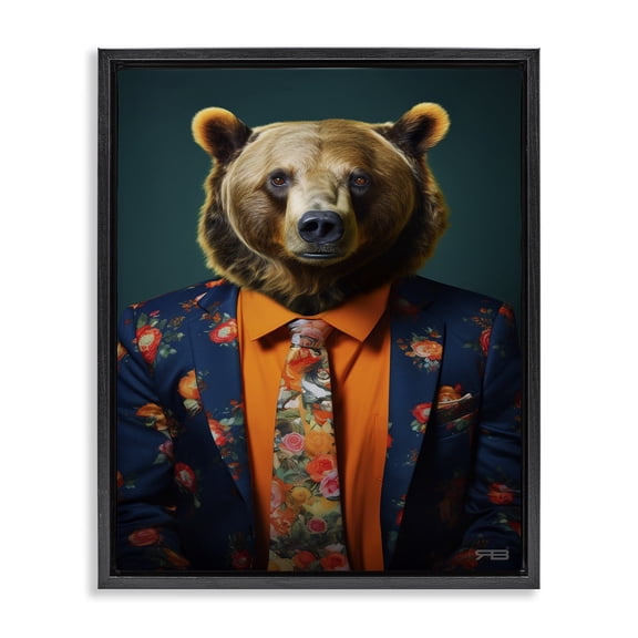 Stupell Industries Contemporary Bear in Floral Suit Black Floating Frame Canvas Art, 17 x 21, by RB