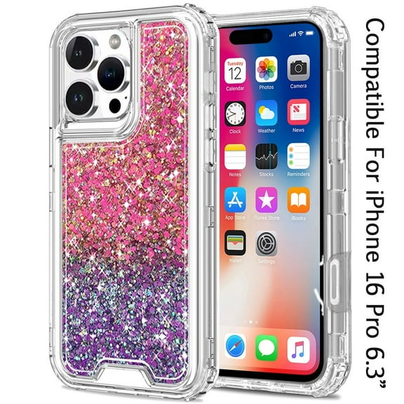 For Apple iPhone 16 Pro (6.3") Epoxy Bling Glitter Sparkly 3in1 Shockproof Transparent Hybrid Shockproof Full Body PC Bumper Cover ,Xpm Phone Case [ Hot Pink   Purple ]