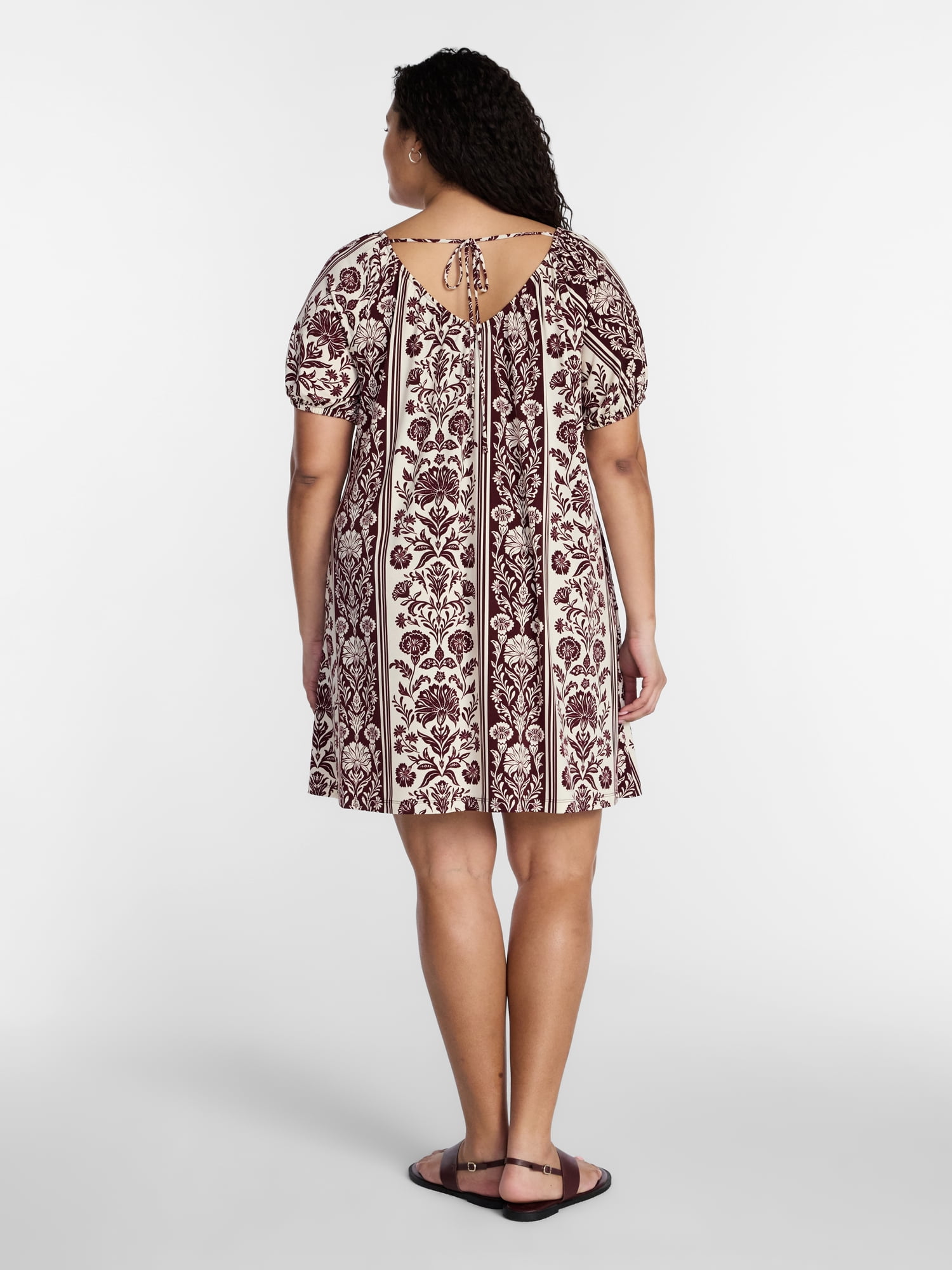 Terra & Sky Women’s Plus Size Puff Sleeve Tie Back Swing Mini Dress, Sizes 0X-5X
