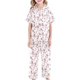 thumbnail image 4 of WhouRiu Girls Cartoon Graphic Pajamas Short Sleeve Flat Collar Button Up Shirts Shorts And Pants Pajama Set 3 Piece Kids Cozy Cute Sleepwear,6-7 Years, 4 of 6