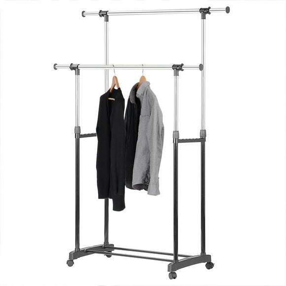 Expandable Chothes Rack, Double Rod Garment Rack Clothing Rack with Wheels