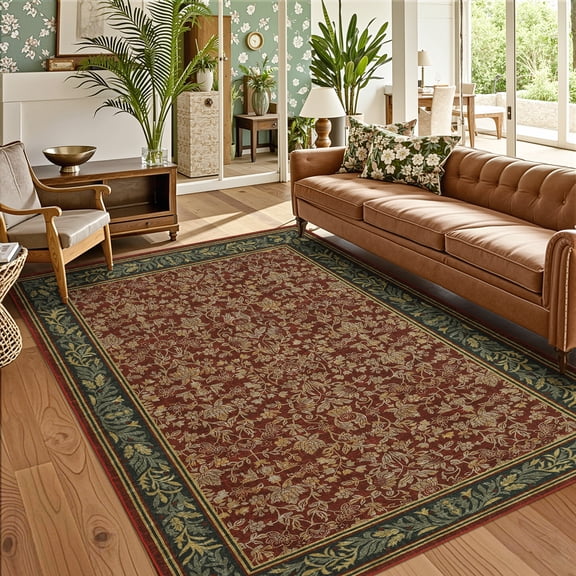 Garvee 8'x10' Vintage Floral Area Rug Washable Non Slip Carpet, Stain Resistant Accent Rug for Living Room Farmhouse Dining Room, Red