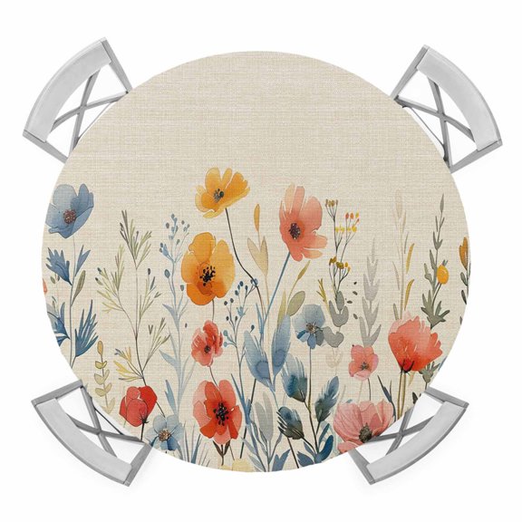 Spring Floral Round Tablecloth for 55-60 Inch Tables,Fitted Table Cover with Elastic Edge,Watercolor Elegant Summer Botanical Rustic Waterproof Outdoor Table Cloth Protector for Patio Garden Dinner