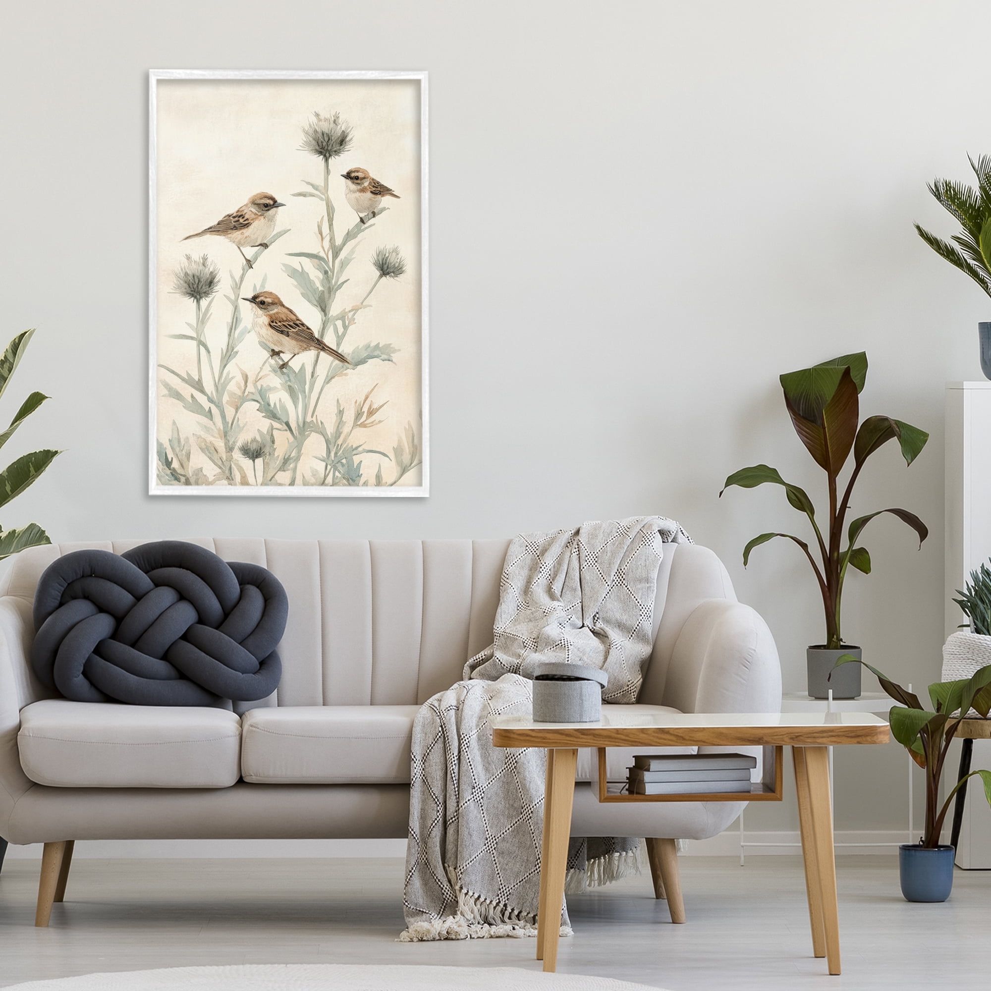 Stupell Industries Sparrows on Thistle Stems White Framed Giclee Art, design by Petal Prints Design