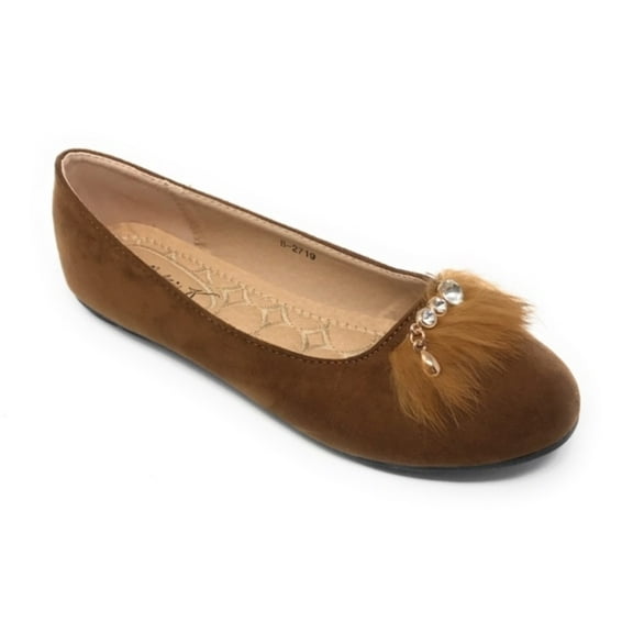 Victoria K Women's Faux Fur With Rhinestone Ballerina Flats