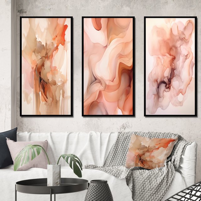 Designart "Apricot Clouds Infusion Abstract IV" Abstract Shapes Framed Wall Art Set Of 3 - Pink Transitional Frame Gallery Wall Set For Home Decor