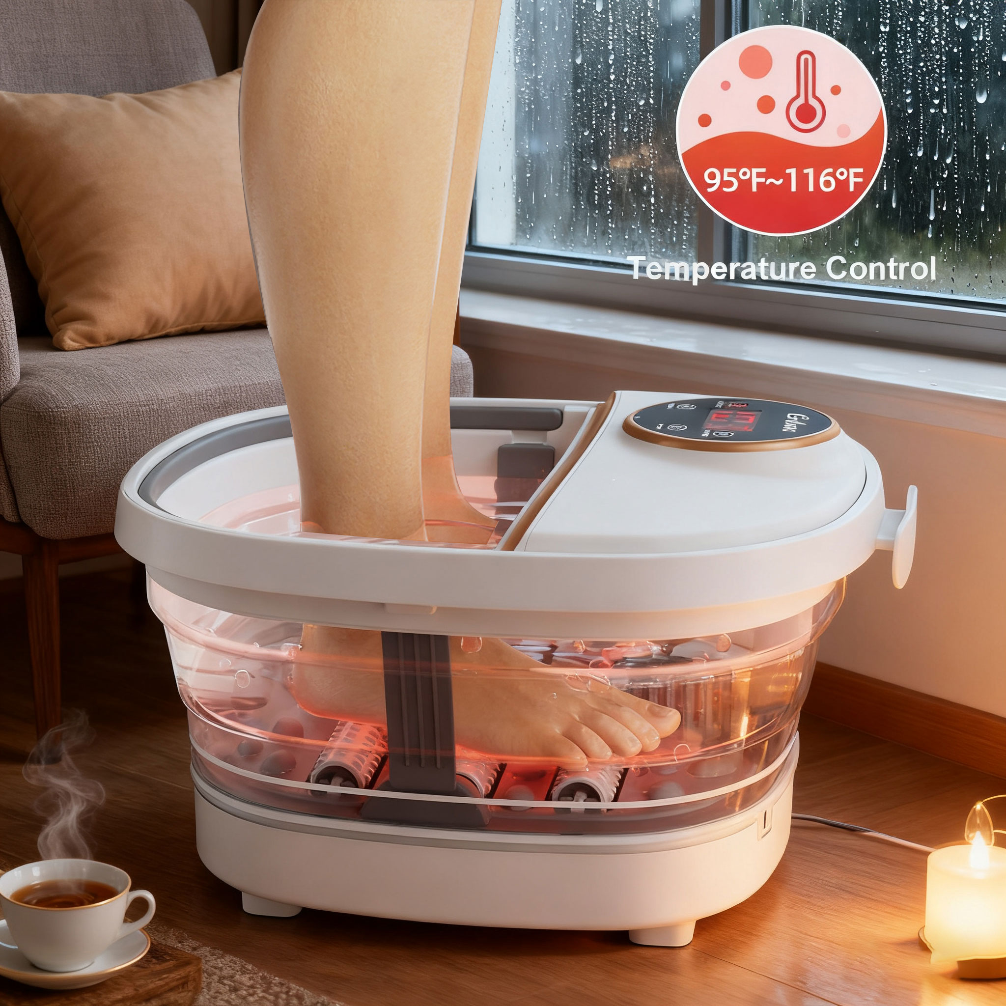 Gehana Foot Spa Massager with Heat, Red Light Therapy & Bubble Jets - Digital Display Foot Bath with Roller Massage for Stress Relief, Collapsible Design for Home Use