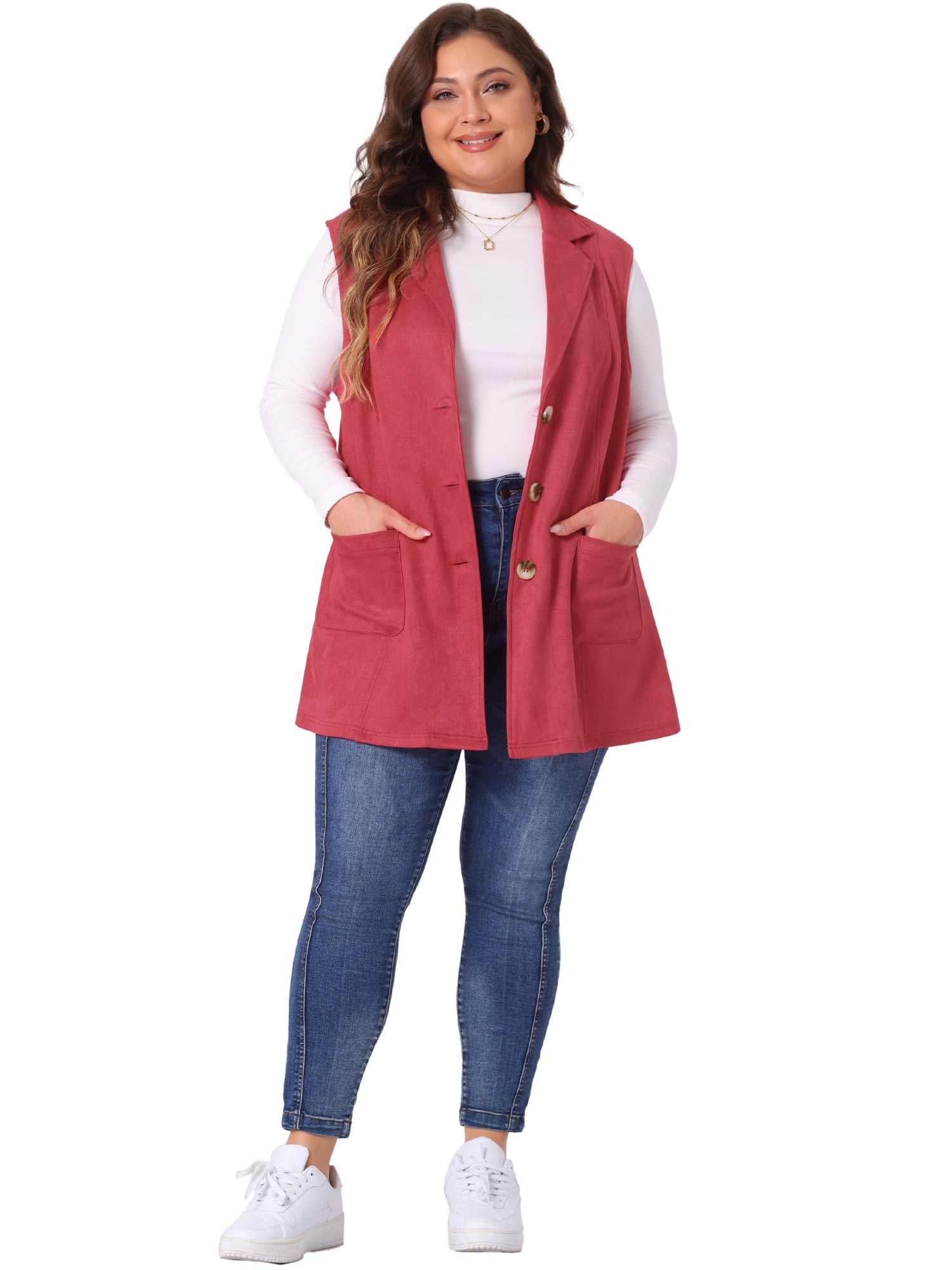DARING DIVA Women's Plus Size Lapel Sleeveless Lightweight Suede Vests 4X Red