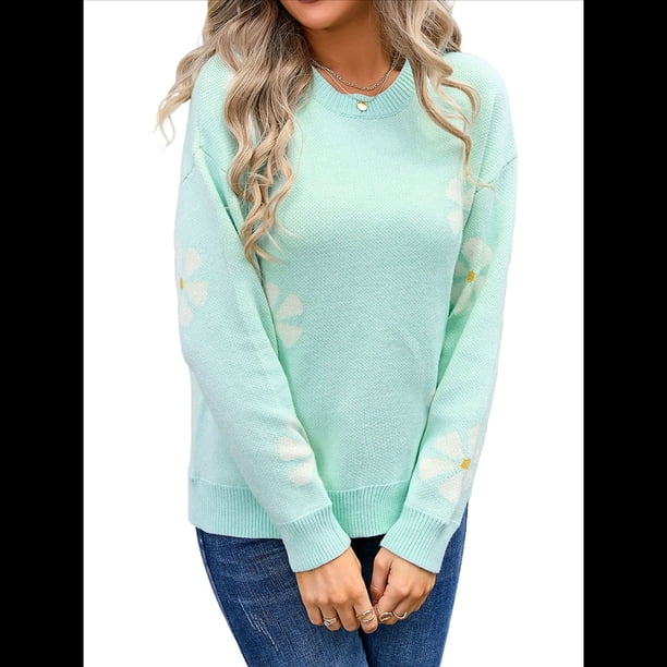 Suéter de Flores para Mujer, Suéter de Punto de Cuello Redondo Extragrande, Top de Punto Acanalado, Conjuntos de Invierno, Tops Tipo Jersey. Verde XL