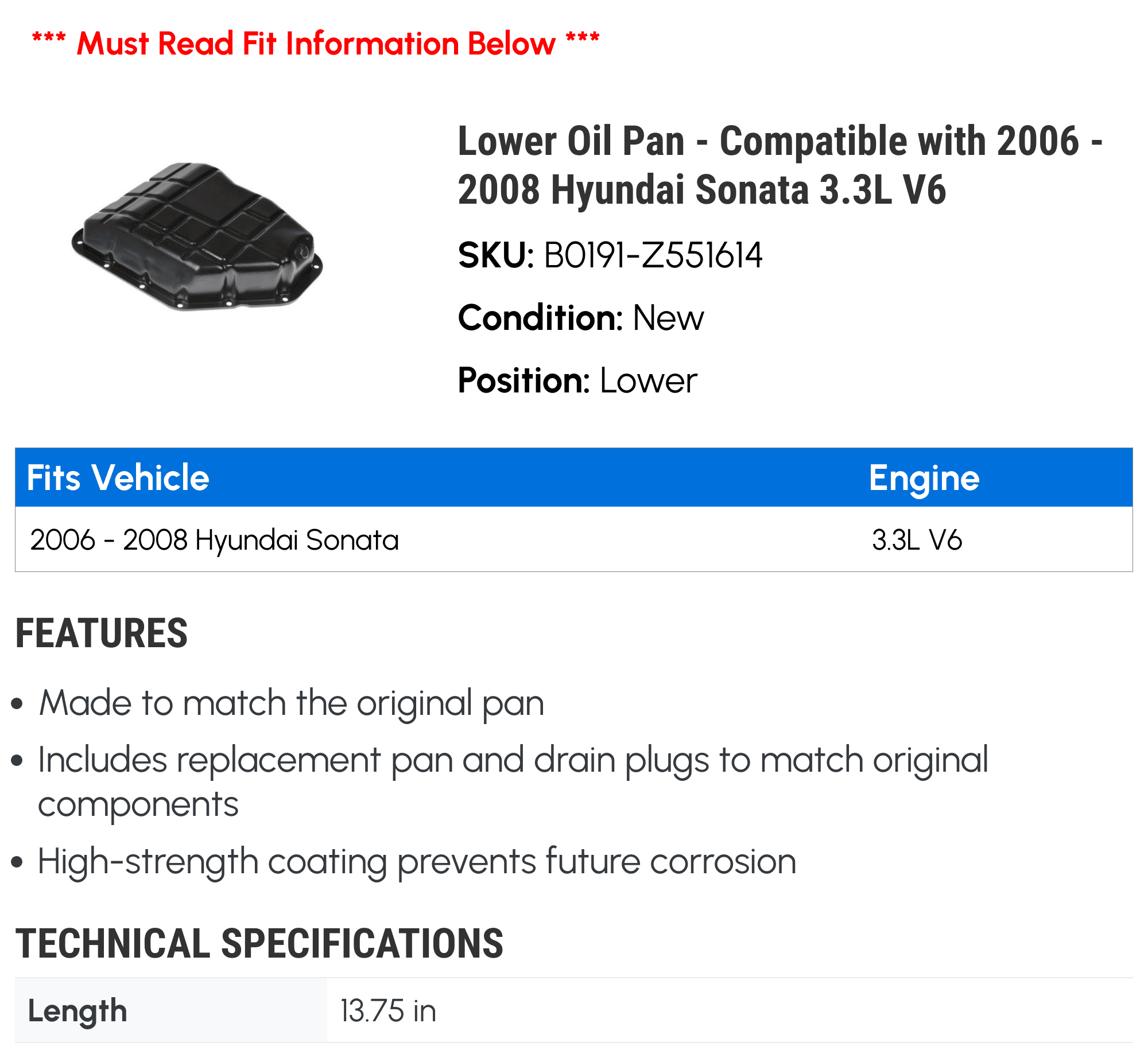 Lower Oil Pan - Compatible with 2006 - 2008 Hyundai Sonata 3.3L V6 - Dorman