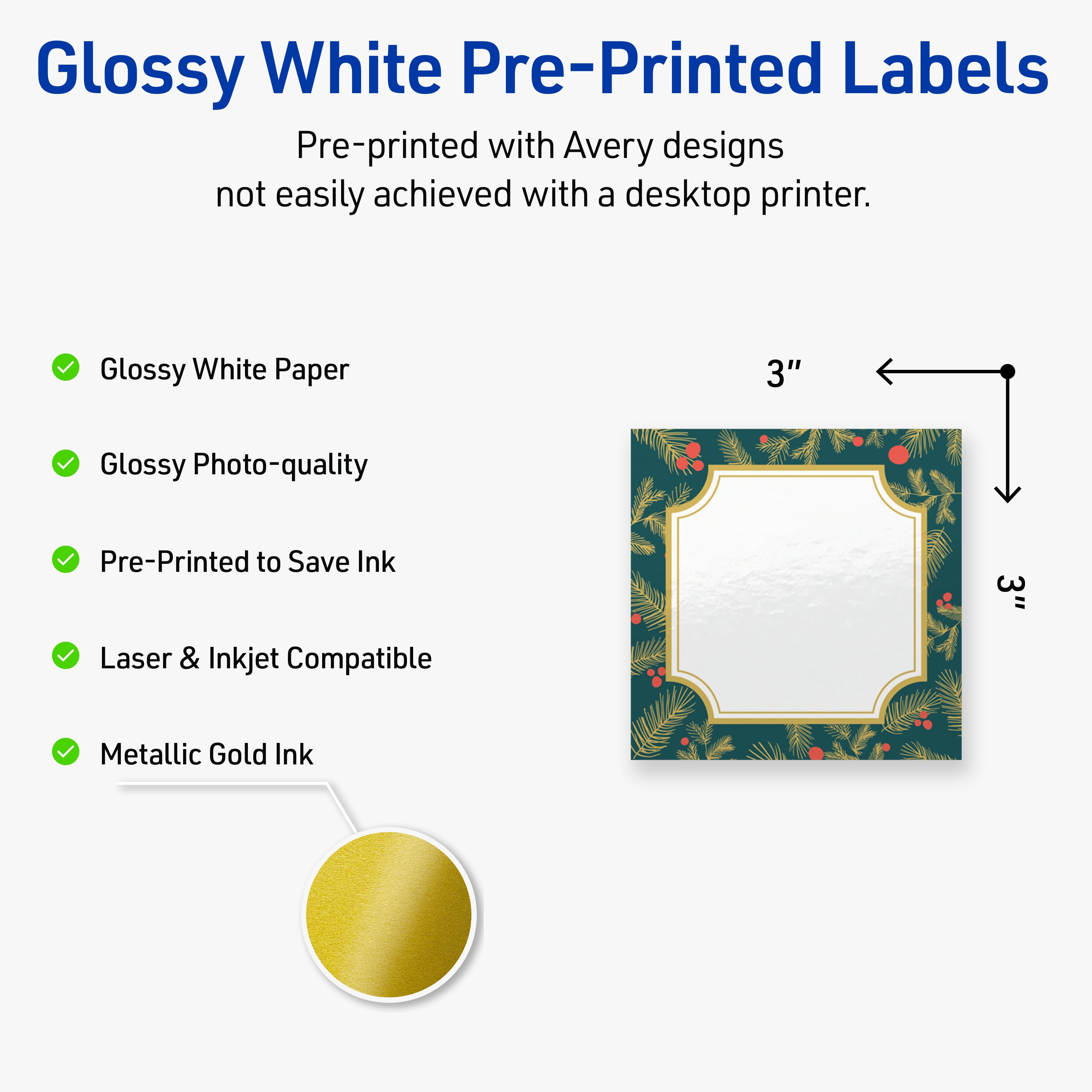 Avery Labels, 3" x 3", Gold-Teal Berries, Glossy, 60ct